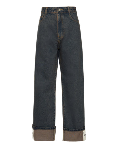 Calça Jeans Barra Cartas Bordadas Marrom