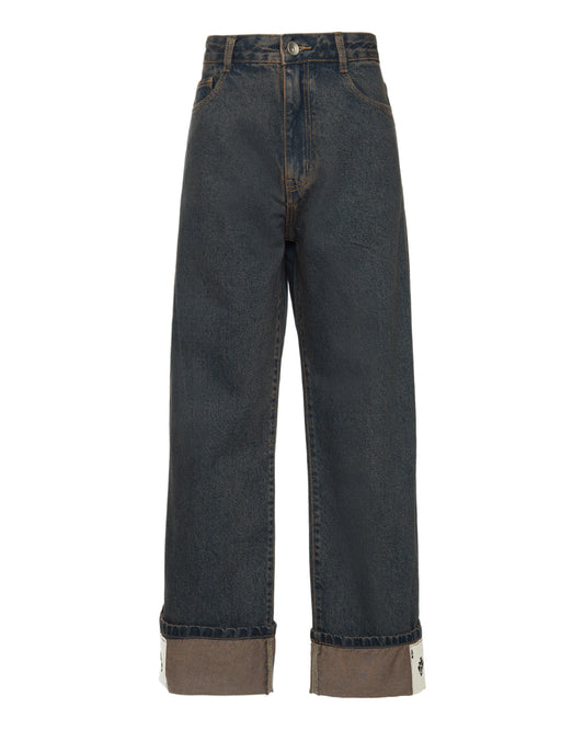 Calça Jeans Barra Cartas Bordadas Marrom