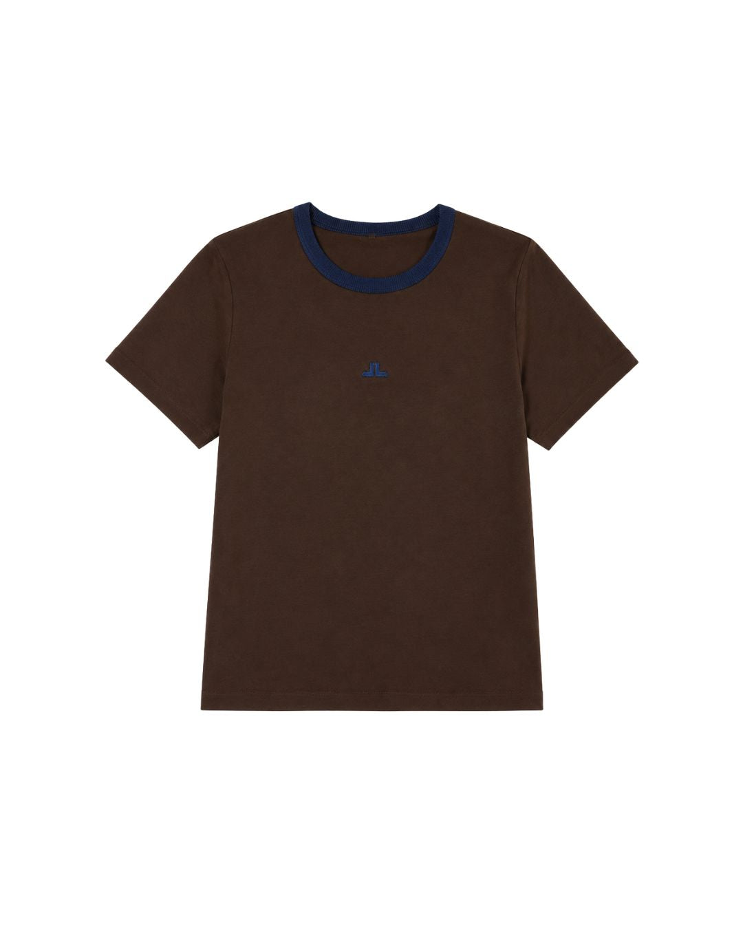 Baby Tee Marrom com Gola e Bordado Azul marinho