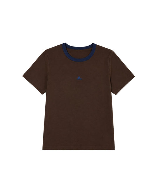 Baby Tee Marrom com Gola e Bordado Azul marinho