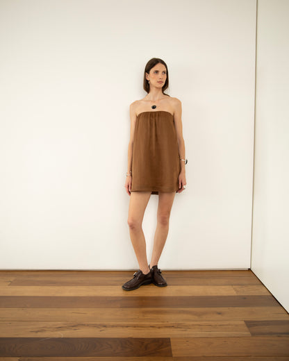 Vestido Mini Tomara que Caia Voil de Linho Marrom