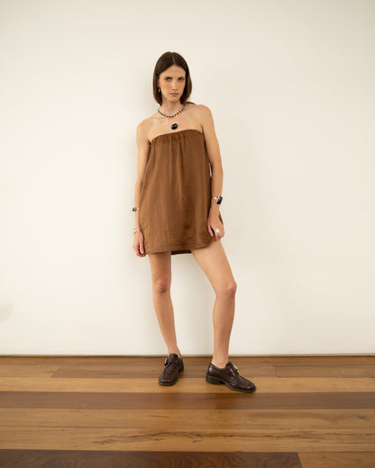 Vestido Mini Tomara que Caia Voil de Linho Marrom