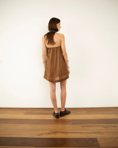 Vestido Mini Tomara que Caia Voil de Linho Marrom