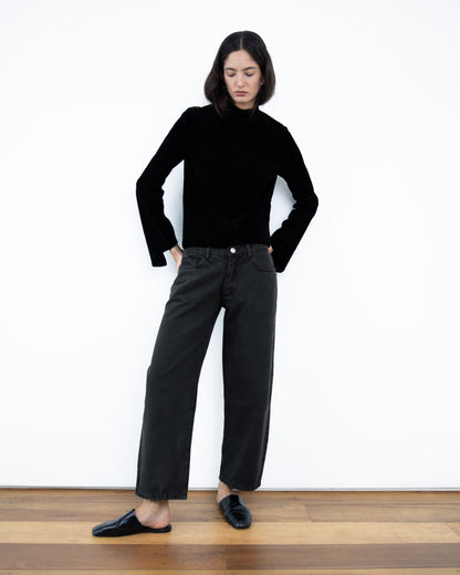 Calça Barrel Jeans Preta Cintura Média