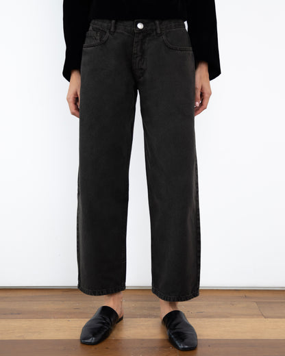 Calça Barrel Jeans Preta Cintura Média