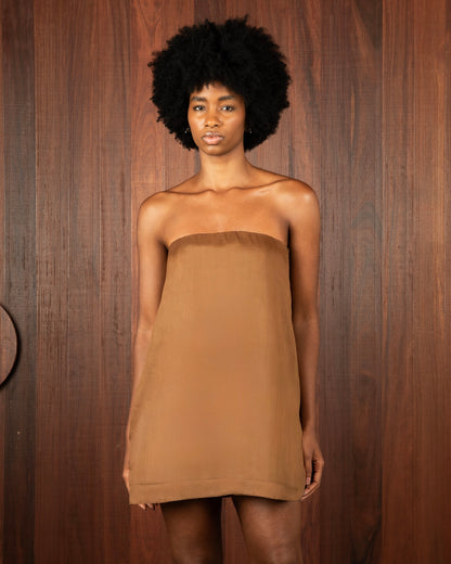 Vestido Mini Tomara que Caia Voil de Linho Marrom