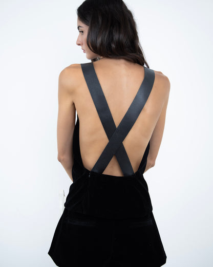 Halter Top de Veludo Com Alça de Couro Preto