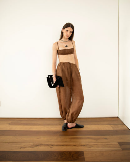 Calça Balonê Voil de Linho Marrom