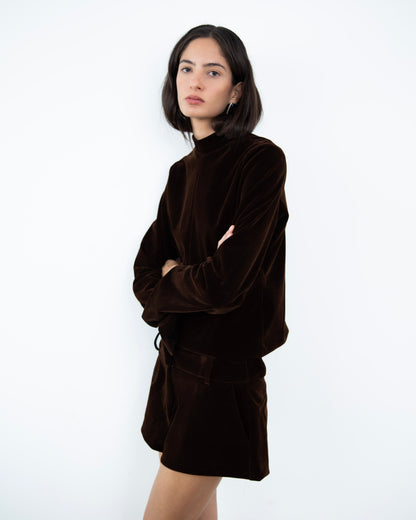 Blusa de Veludo Gola Alta Marrom