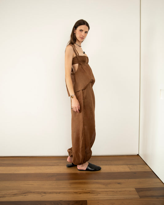 Calça Balonê Voil de Linho Marrom