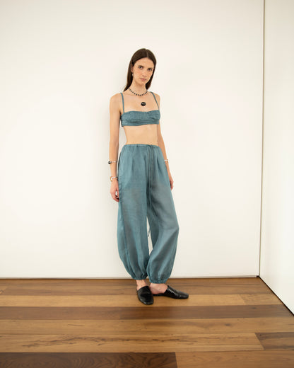 Calça Balonê Voil de Linho Azul