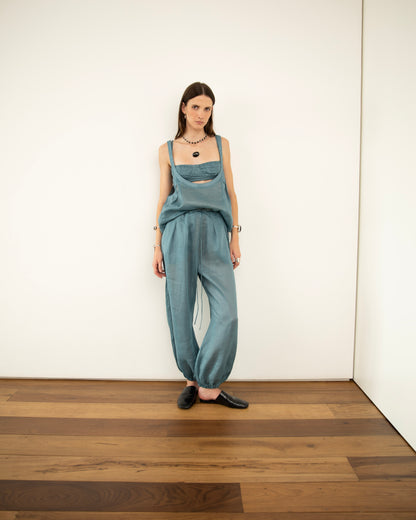 Calça Balonê Voil de Linho Azul
