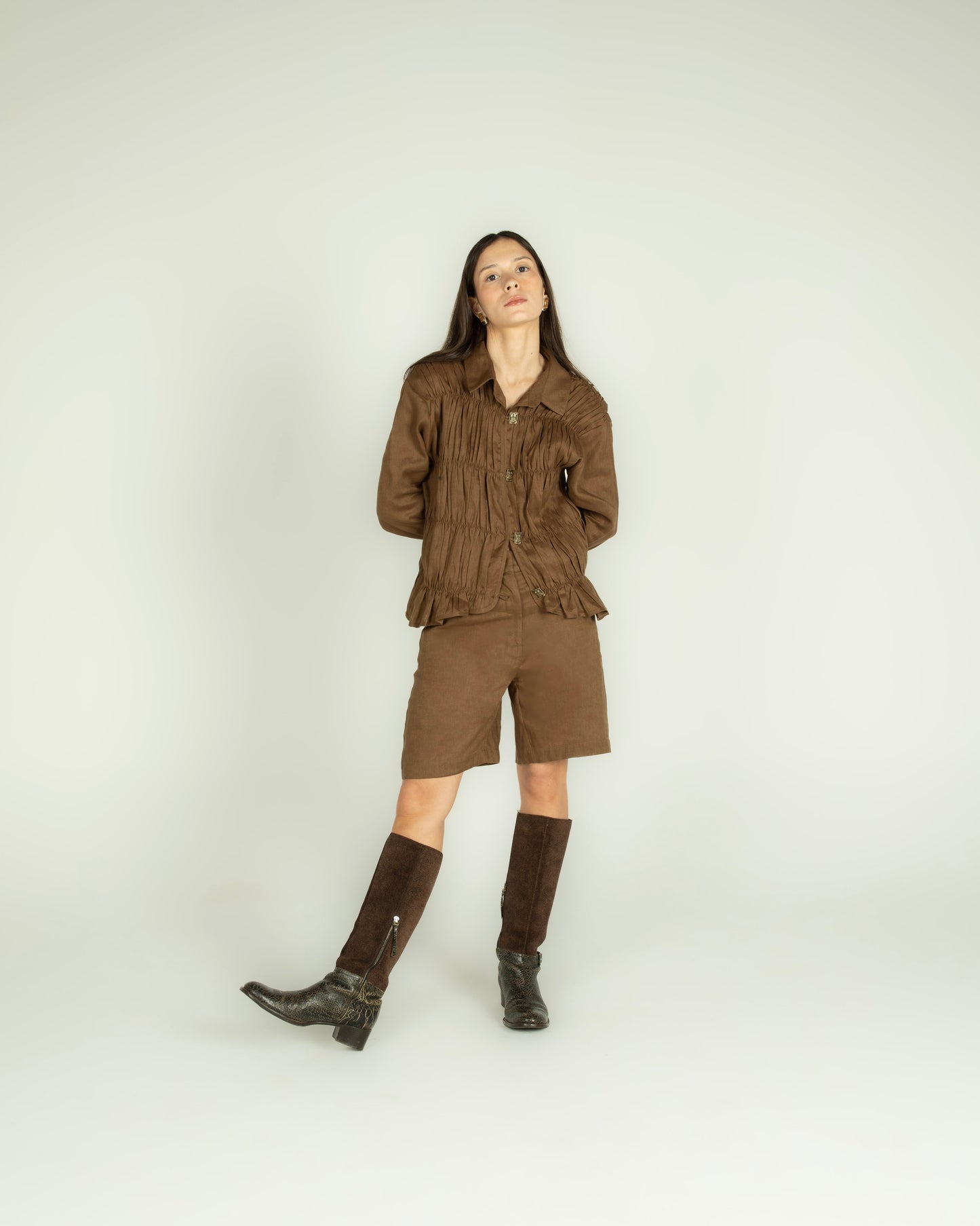 Camisa Drapeada Linho Marrom