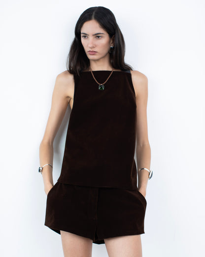 Halter Top de Veludo Com Alça de Couro Marrom