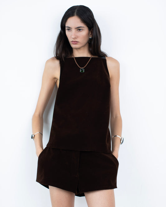 Halter Top de Veludo Com Alça de Couro Marrom