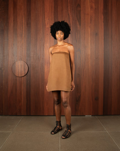 Vestido Mini Tomara que Caia Voil de Linho Marrom