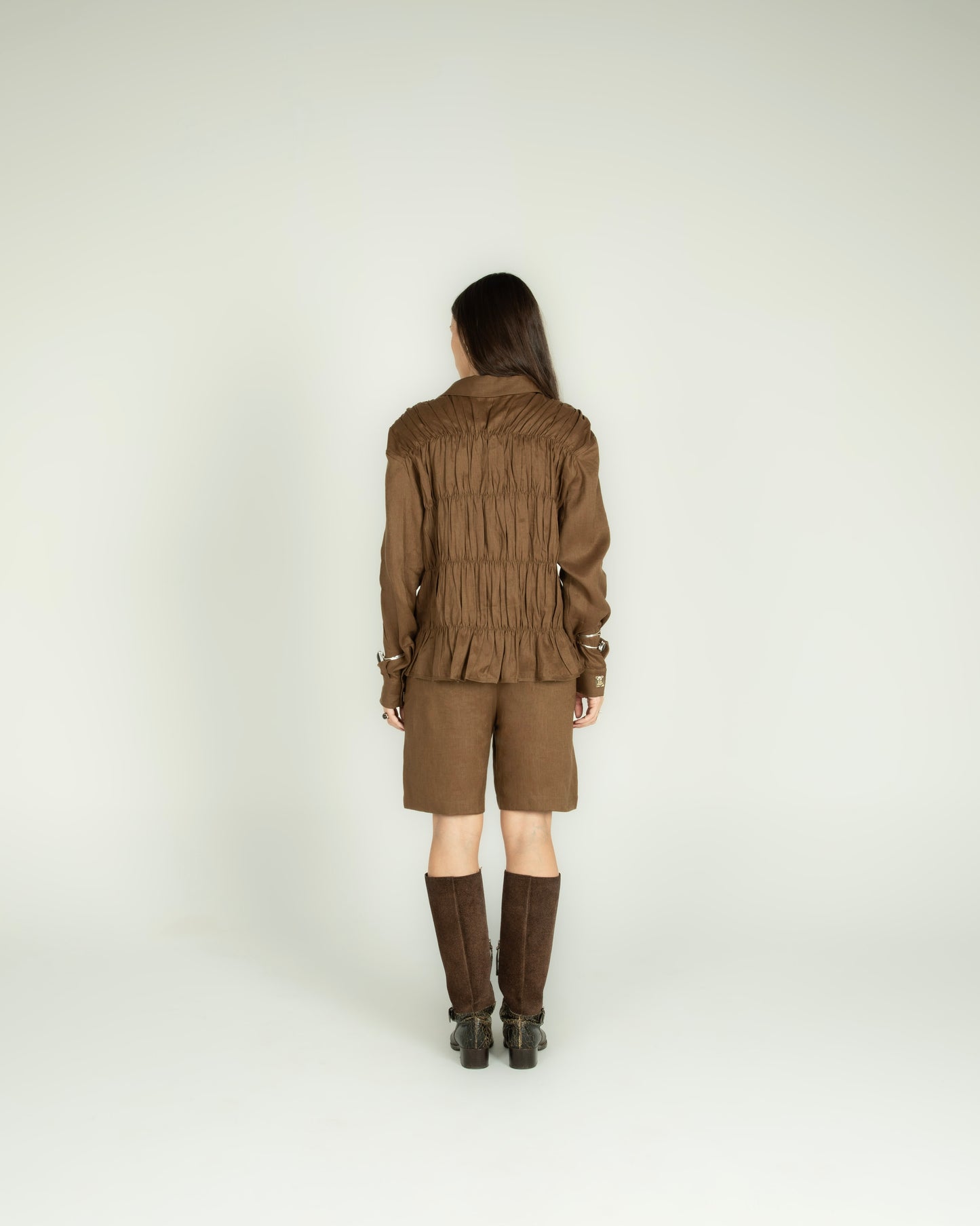 Camisa Drapeada Linho Marrom